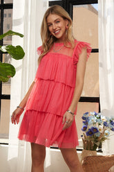 ADORA Layered Ruffled Cap Sleeve Mesh Dress - MyEmpired