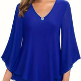 Solid Color V-neck Blouse, Casual Flare Sleeve Layered Hem Top For Spring & Fall, Women&