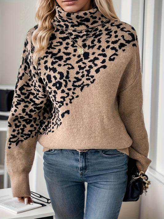 Elegant Leopard Print Turtleneck Sweater for Women - Cozy Long Sleeve Pullover with Drop Shoulder Design, Perfect for Fall/Winter