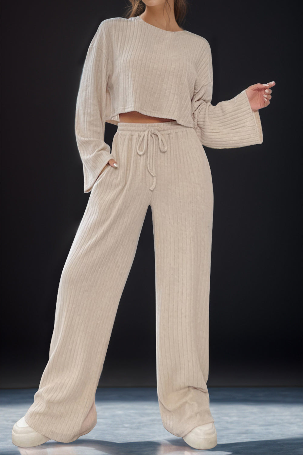 Round Neck Long Sleeve Top and Pants Set - MyEmpired