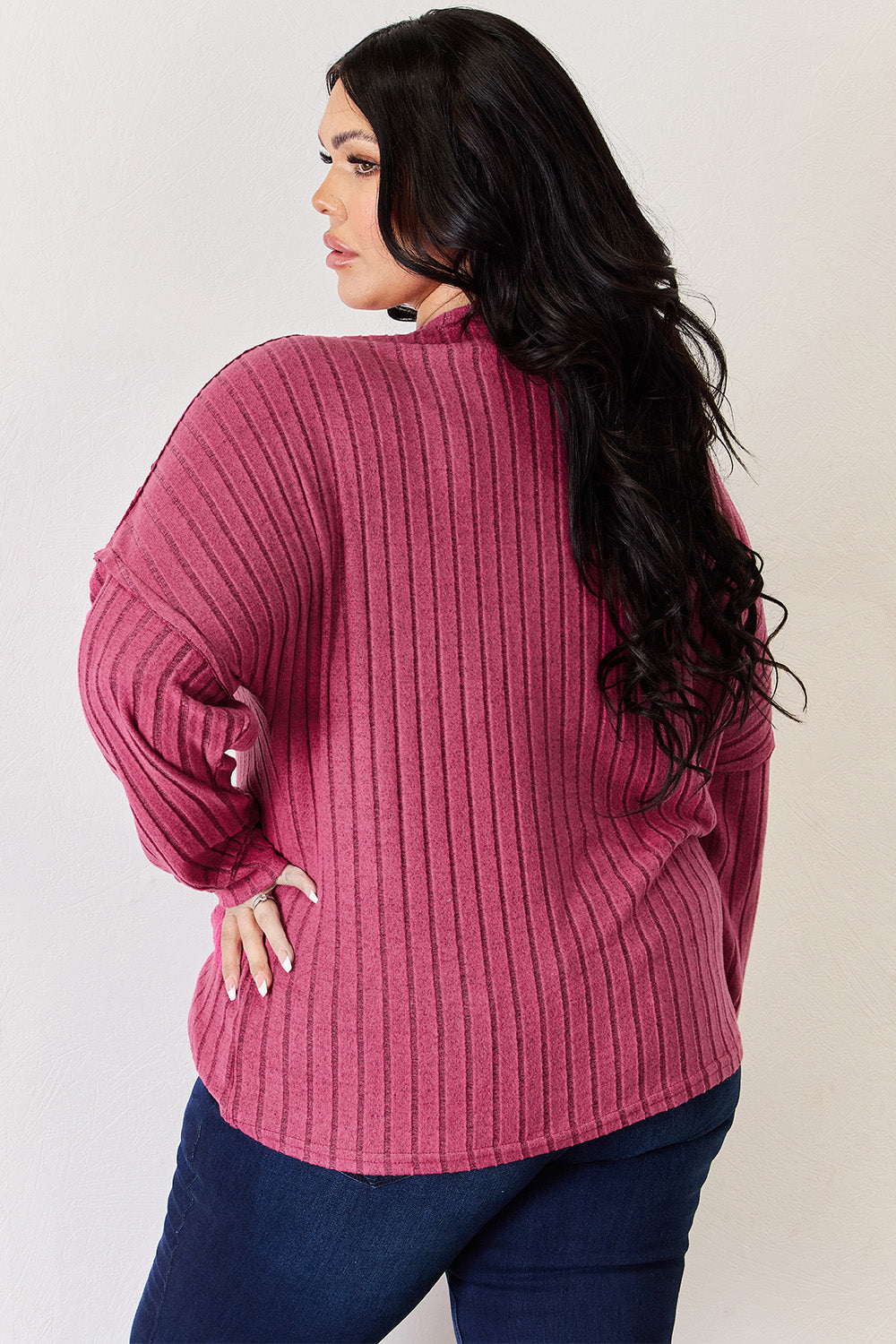 Basic Bae Full Size Ribbed Half Button Long Sleeve High-Low T-Shirt - MyEmpired