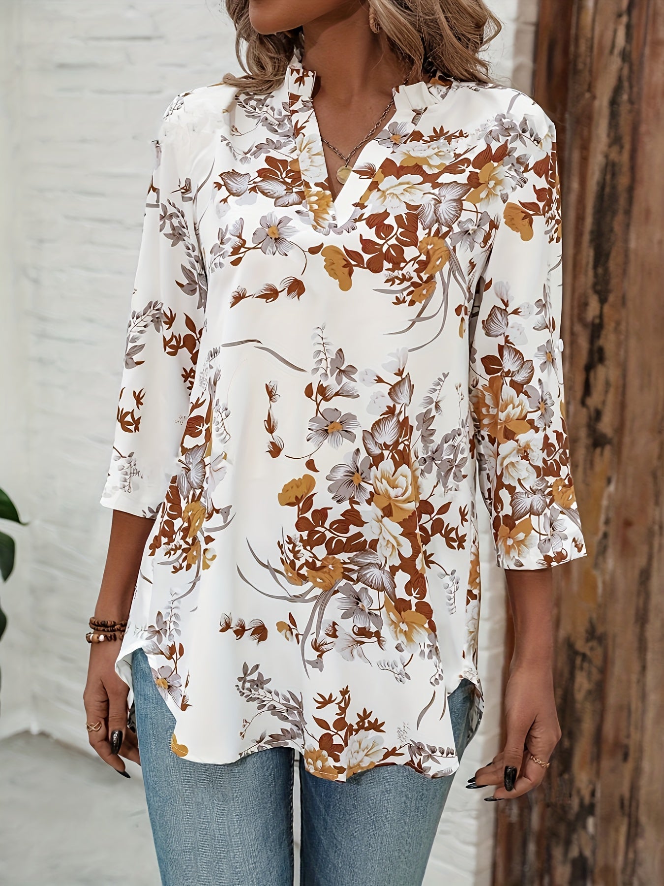 Elegant Floral Print Notched Collar Blouse - MyEmpired