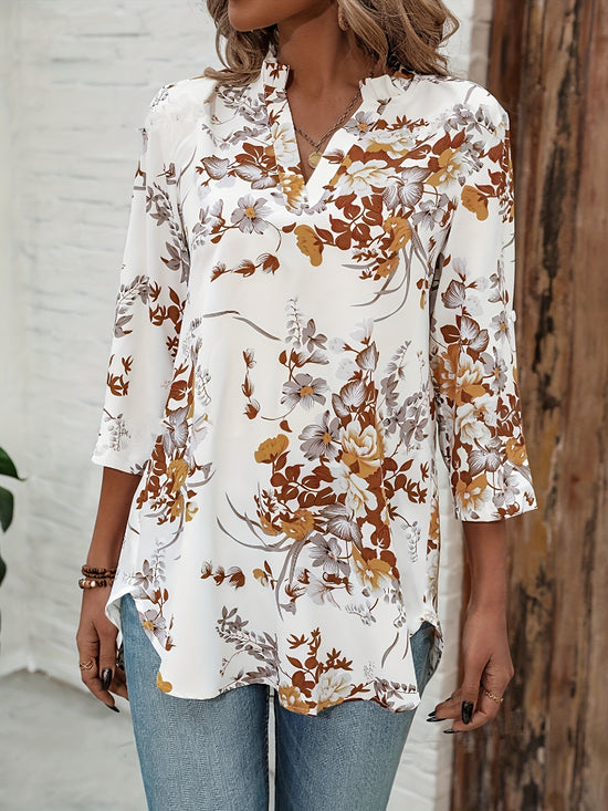 Elegant Floral Print Notched Collar Blouse - MyEmpired