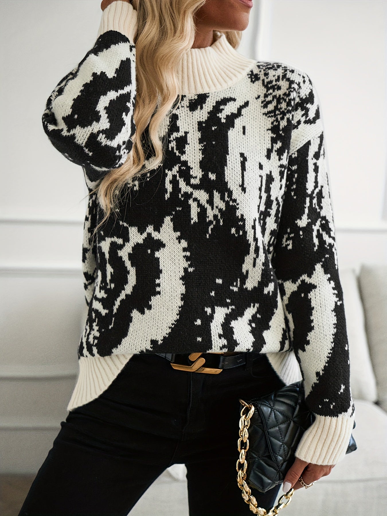 Zebra Striped Mock Neck Sweater, Elegant Long Sleeve Sweater For Fall & Winter, Women's Clothing