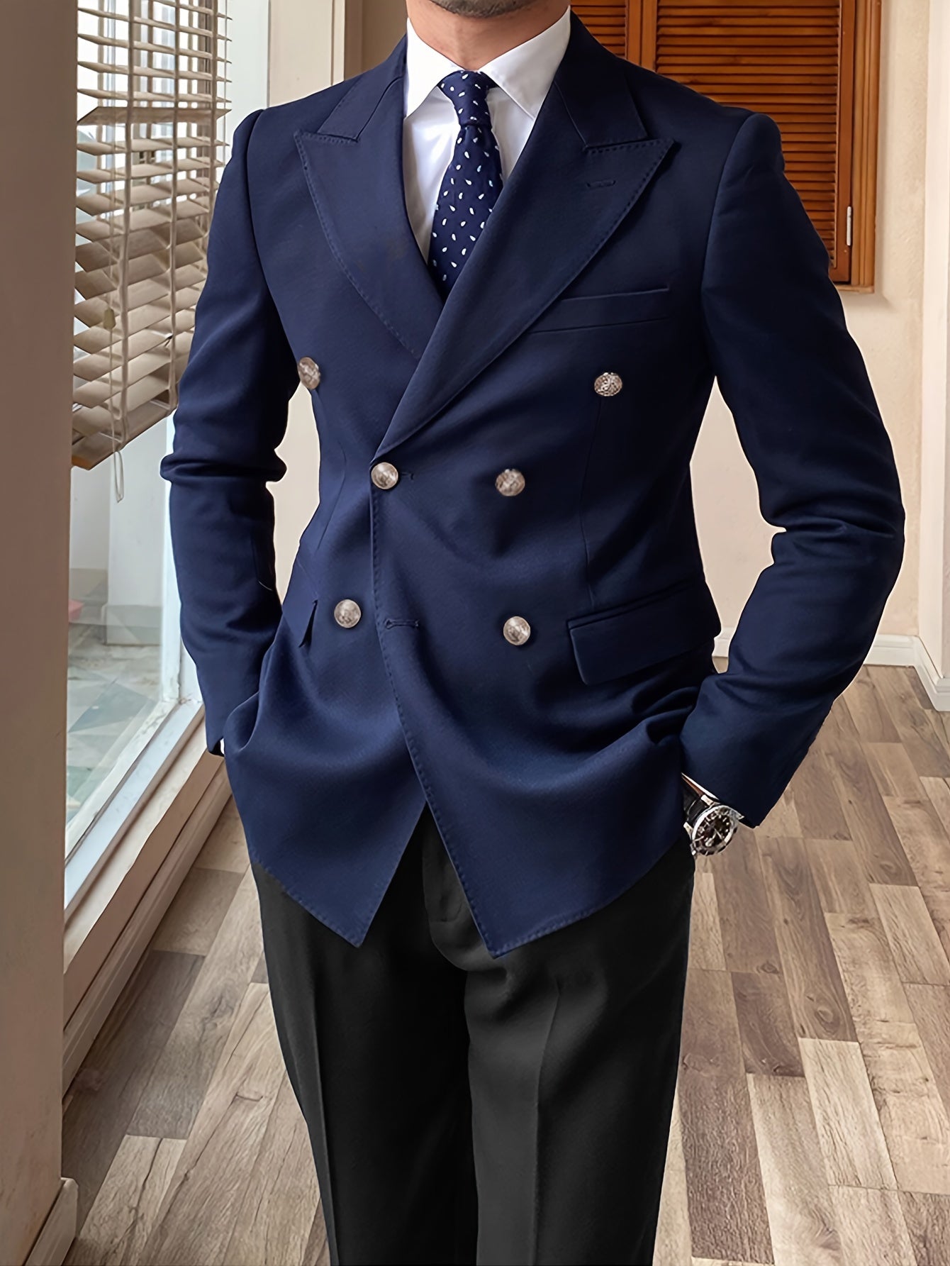 Men's Elegant Double-Breasted Blazer - British Preppy Style, Polyester & Viscose, Hand Washable - Perfect for Business or Casual Wear