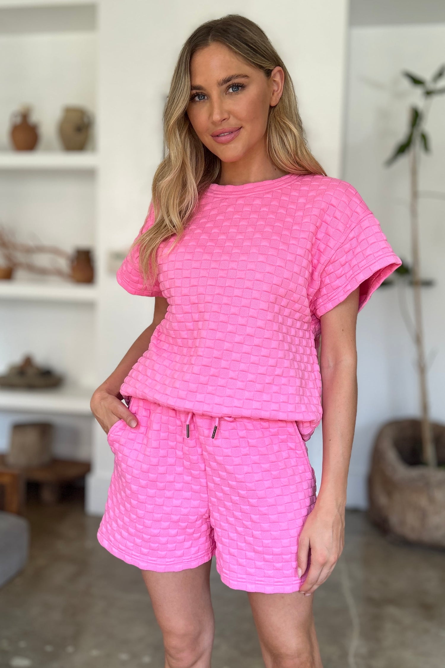 Double Take Full Size Texture T-Shirt and Shorts Set - MyEmpired