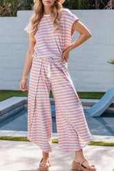 Striped Round Neck Short Sleeve Top and Pants Set - MyEmpired