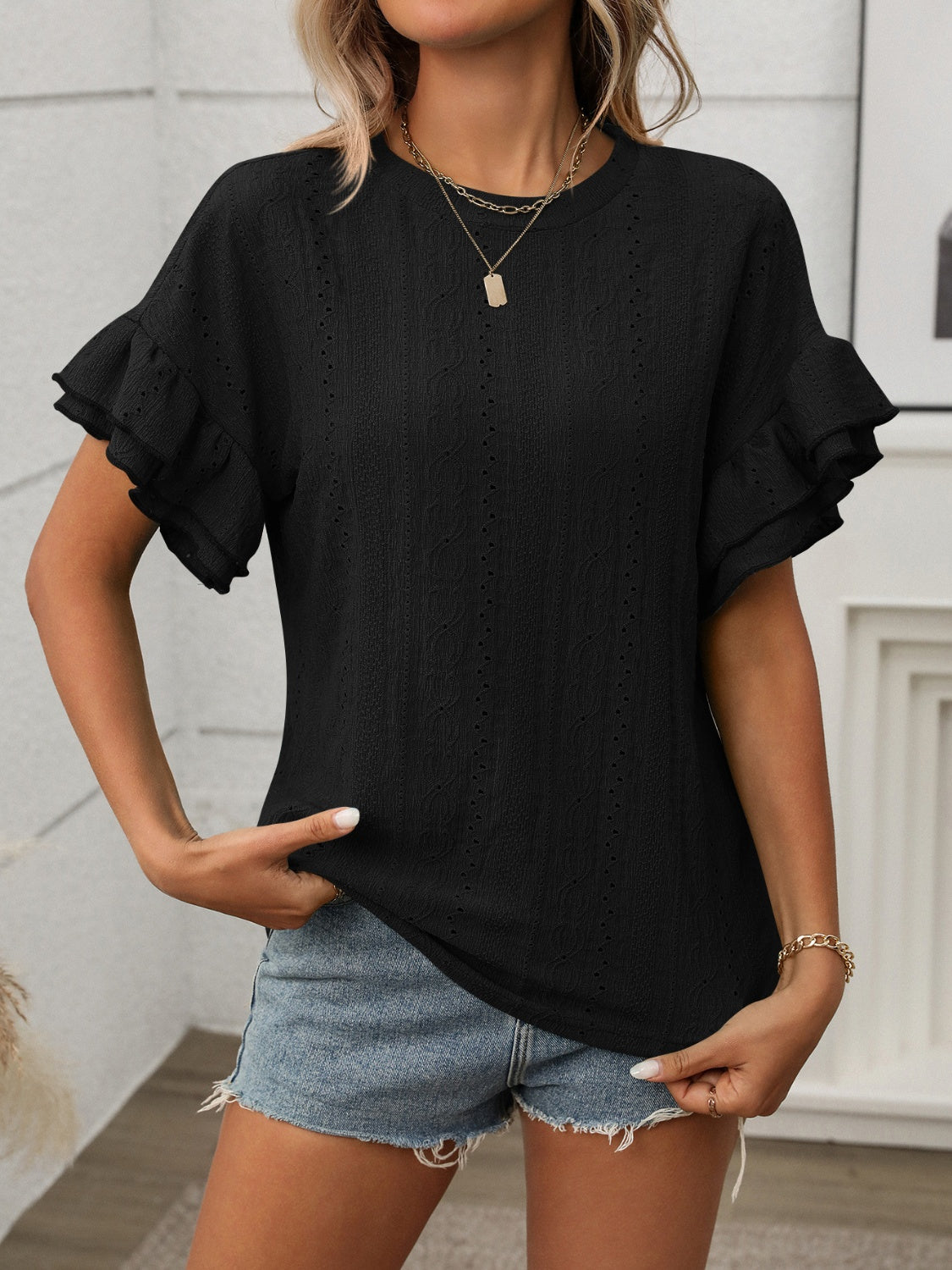 Eyelet Round Neck Flounce Sleeve Top - MyEmpired