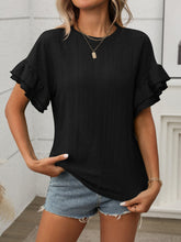 Eyelet Round Neck Flounce Sleeve Top - MyEmpired