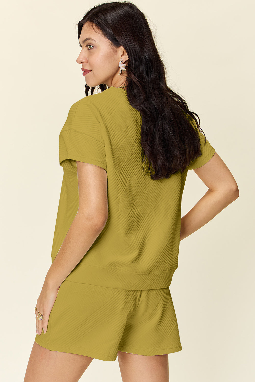 Double Take Full Size Texture Short Sleeve T-Shirt and Drawstring Shorts Set - MyEmpired