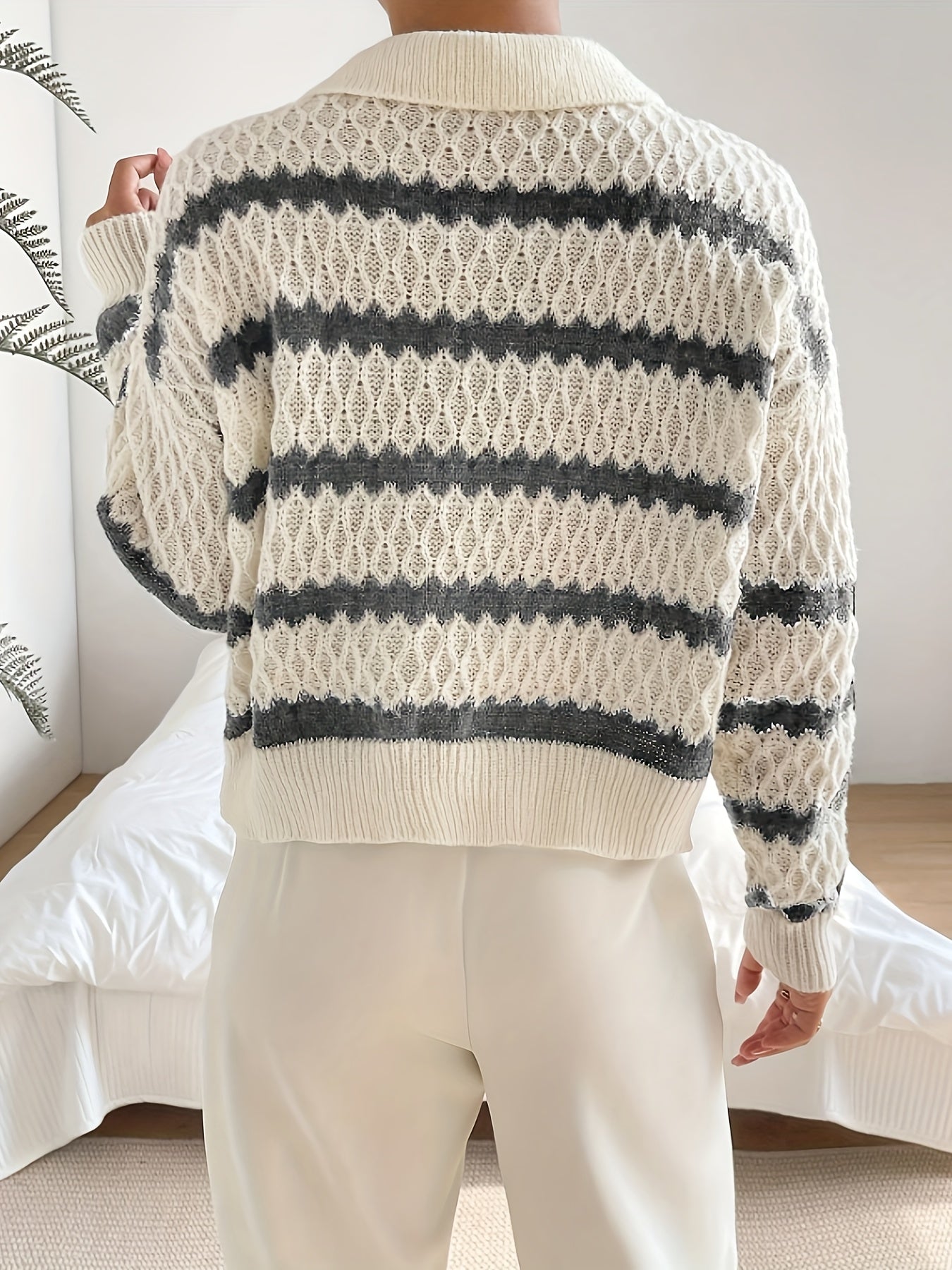 Striped Cable Knit Sweater, Elegant Collared Long Sleeve Drop Shoulder Sweater For Fall & Winter, Women's Clothing