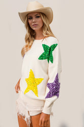 Double Take Sequin Star Round Neck Dropped Shoulder Sweater - MyEmpired