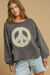 Umgee Full Size Peace Lace Applique Mineral Wash Sweatshirt Plus Size - MyEmpired
