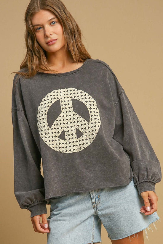 Umgee Full Size Peace Lace Applique Mineral Wash Sweatshirt Plus Size - MyEmpired