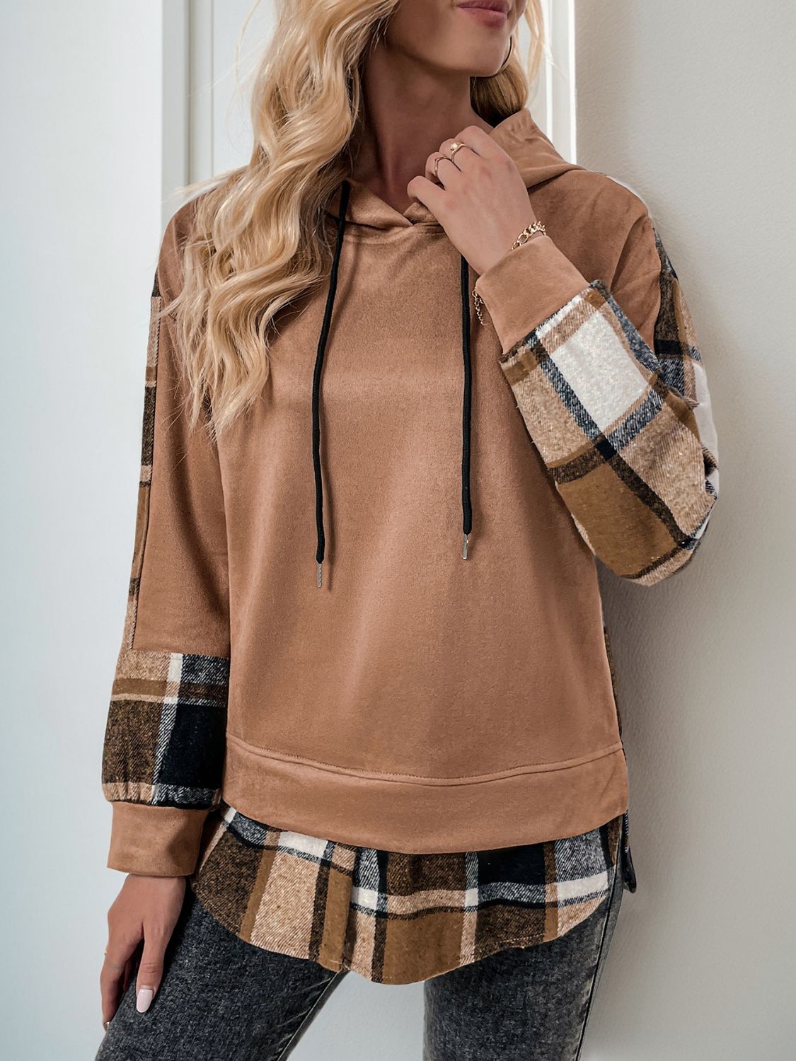 Perfee Drawstring Slit Plaid Long Sleeve Hoodie - MyEmpired
