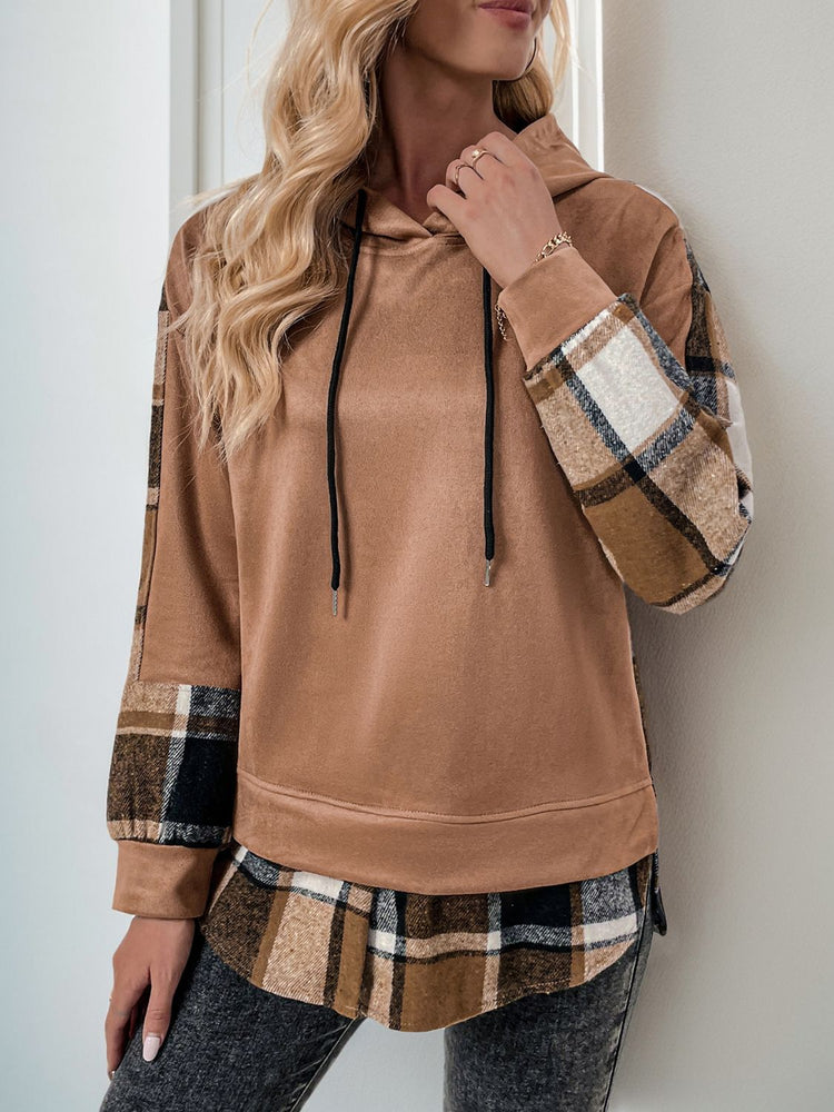 Perfee Drawstring Slit Plaid Long Sleeve Hoodie - MyEmpired