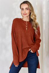 Basic Bae Full Size Ribbed Half Button Long Sleeve High-Low T-Shirt - MyEmpired