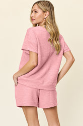 Double Take Full Size Texture Short Sleeve T-Shirt and Drawstring Shorts Set - MyEmpired