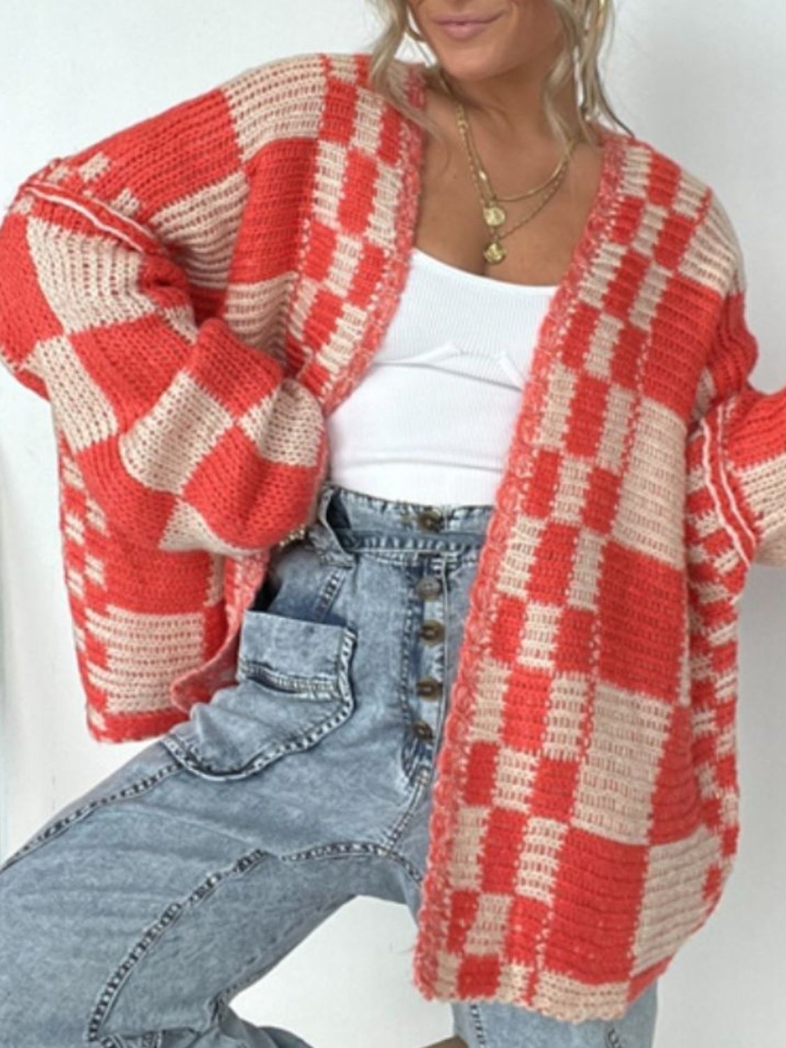 Plaid Open Front Long Sleeve Cardigan - MyEmpired