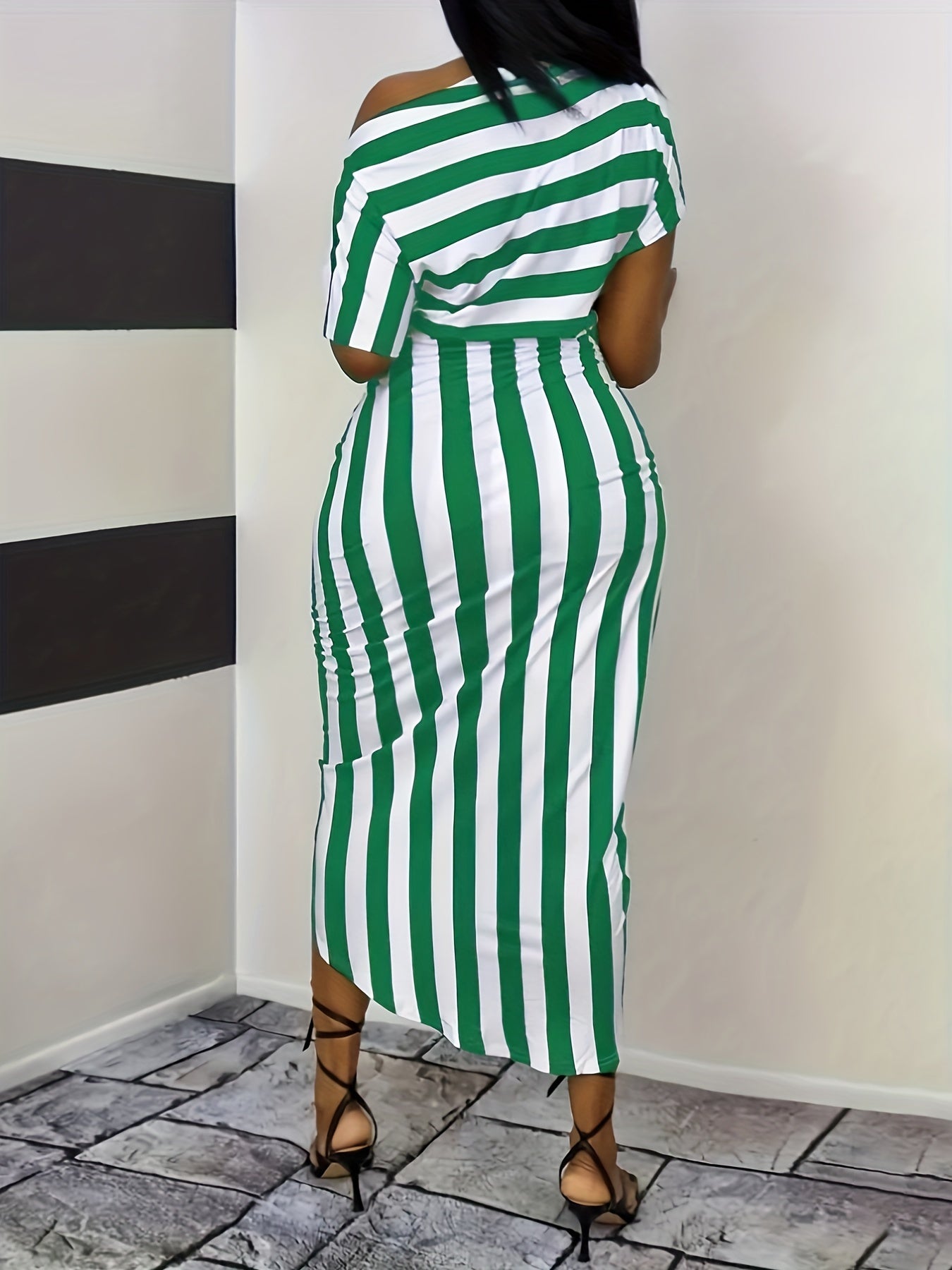 Striped One Shoulder Split Dress - MyEmpired