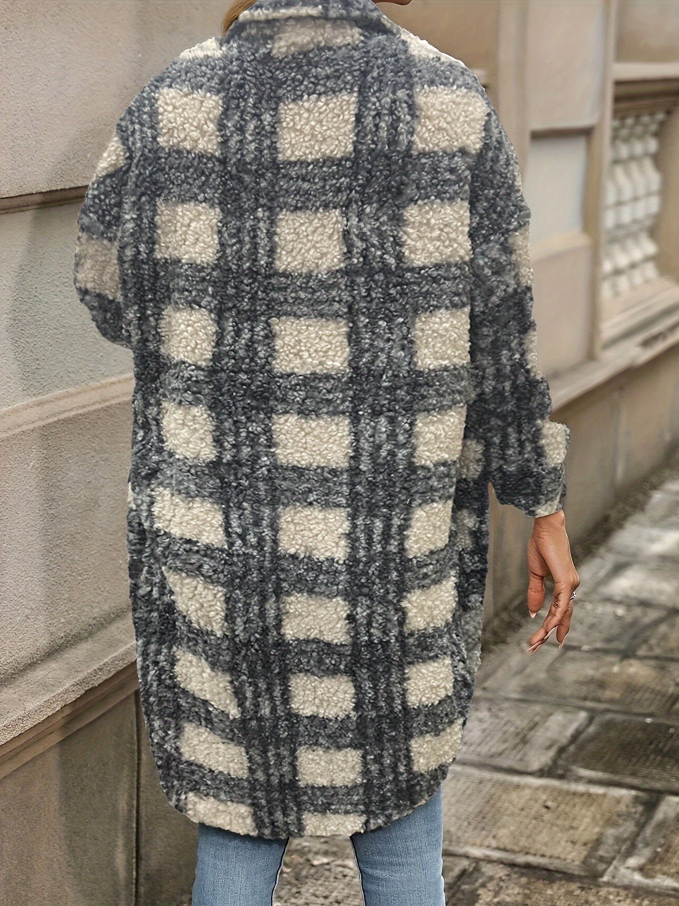 Plaid Pattern Button Front Fuzzy Jacket, Casual Thermal Long Sleeve Long Length Collar Coat For Fall & Winter, Women's Clothing