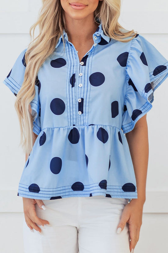 Polka Dot Print Ruffled Short Sleeve Buttoned Collared Blouse - MyEmpired