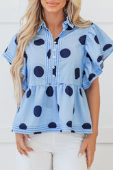 Polka Dot Print Ruffled Short Sleeve Buttoned Collared Blouse - MyEmpired