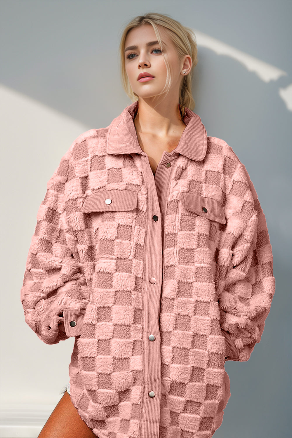 Double Take Button Up Fuzzy Checkered Shacket - MyEmpired