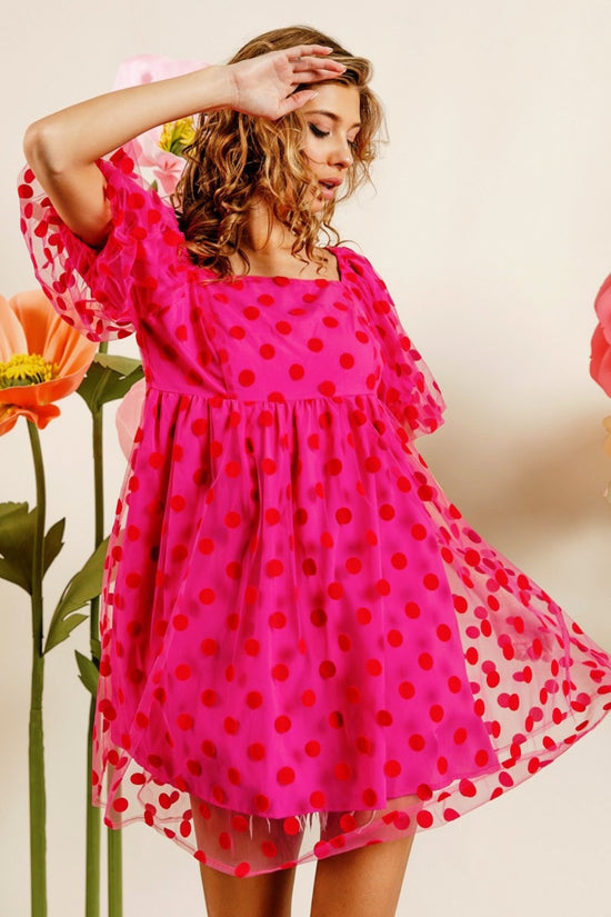 BiBi Polka Dot Mesh Puff Sleeve Dress - MyEmpired