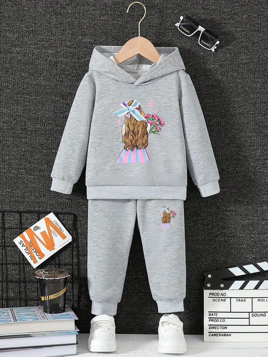 Girls' Casual Hooded Sweater and Sweatpants Set, Polyester Fashion Tracksuit with Girl Print, Comfortable Sporting Outfit for Fall/Winter, Age 12 and Under, for Outdoor