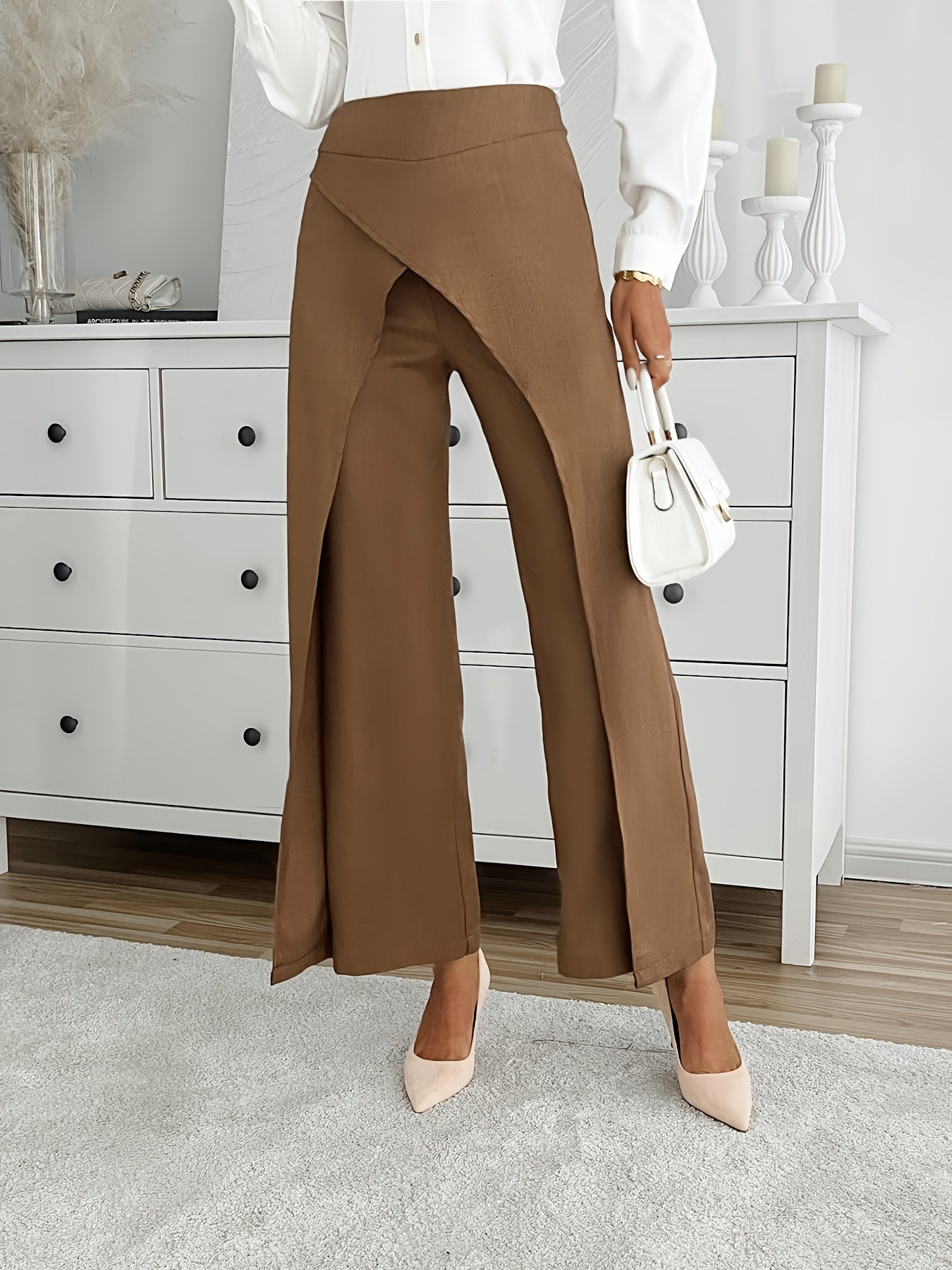 Solid Wide Leg Layered Pants, Elegant High Waist Loose Pants For Spring & Summer, Women's Clothing