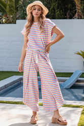 Striped Round Neck Short Sleeve Top and Pants Set - MyEmpired