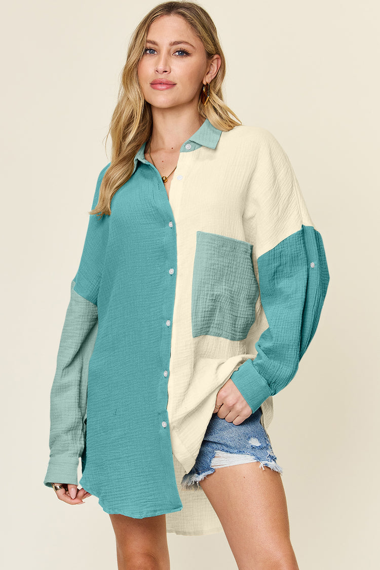Double Take Full Size Pocketed Texture Button Up Shirt - MyEmpired