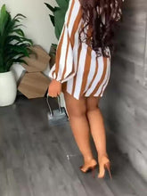 Striped Print Lantern Sleeve Dress, Casual Tie-waist Notch Neck Dress, Women&