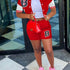 Letter Print Matching Two-piece Set, Color Block Jacket & Elastic Shorts Outfits, Women&