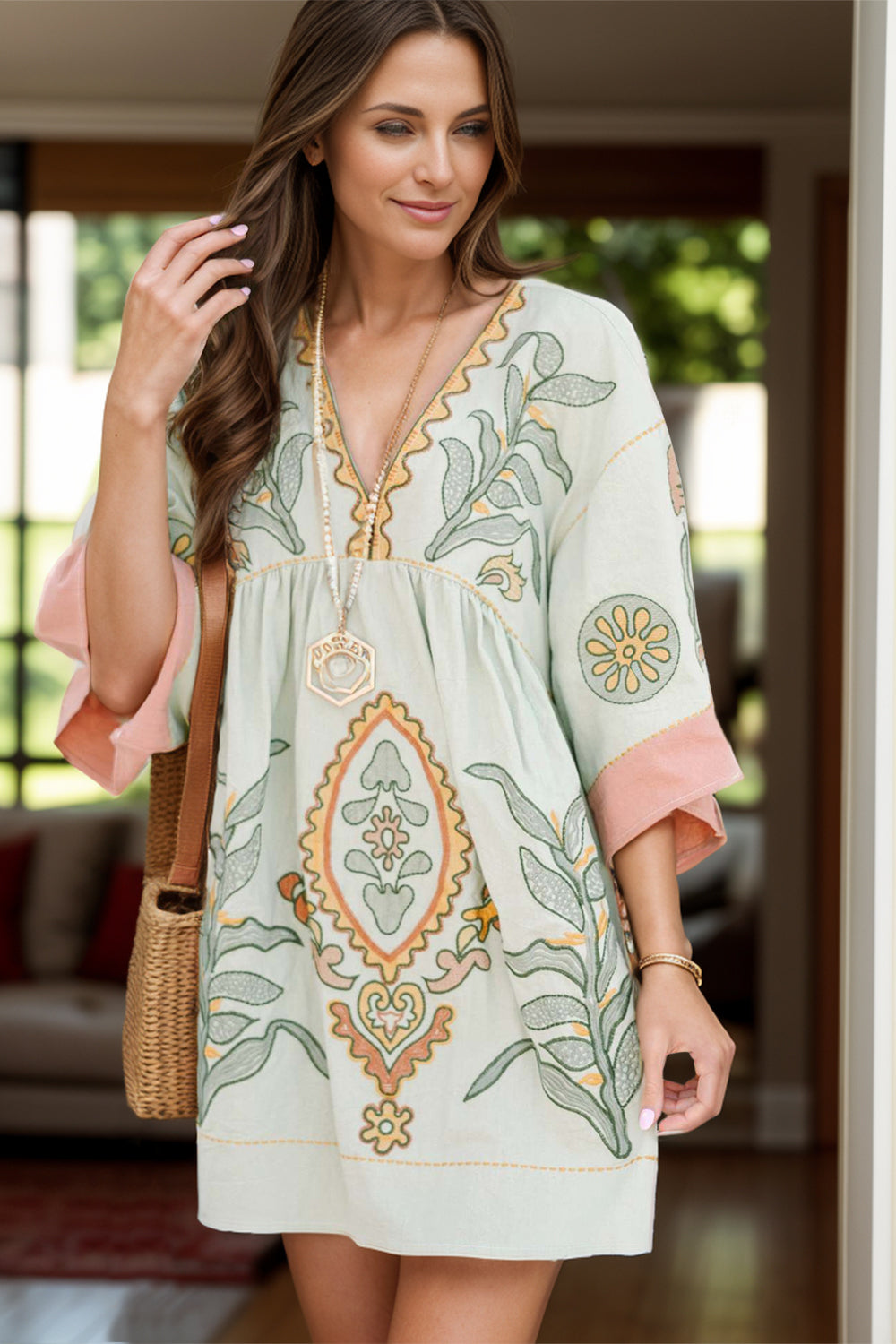 Printed V-Neck Three-Quarter Sleeve Mini Dress - MyEmpired