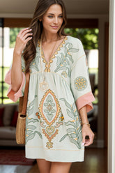 Printed V-Neck Three-Quarter Sleeve Mini Dress - MyEmpired
