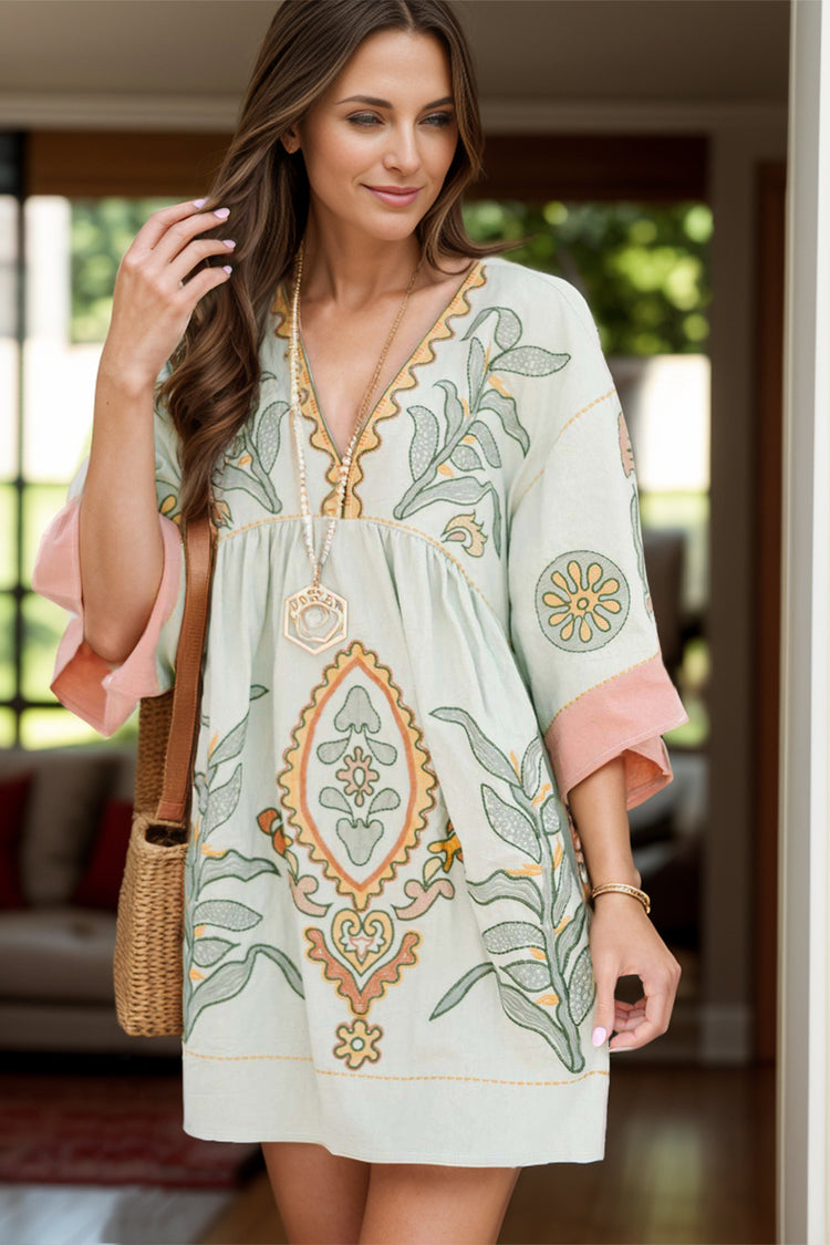 Printed V-Neck Three-Quarter Sleeve Mini Dress - MyEmpired
