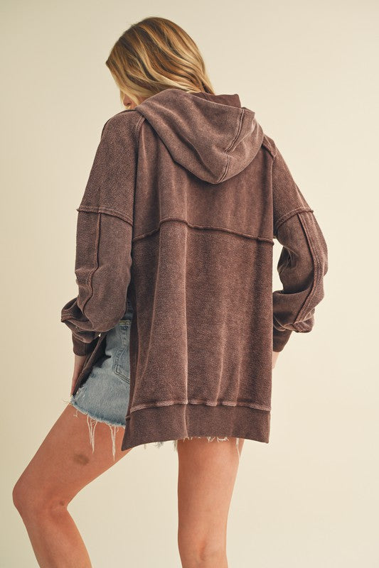 Aemi + Co Exposed Seam Side Slit Hoodie with Kangaroo Pocket - MyEmpired