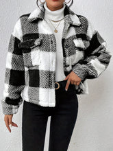 Plaid Pattern Button Front Fuzzy Coat, Casual Long Sleeve Warm Outerwear For Fall & Winter, Women&