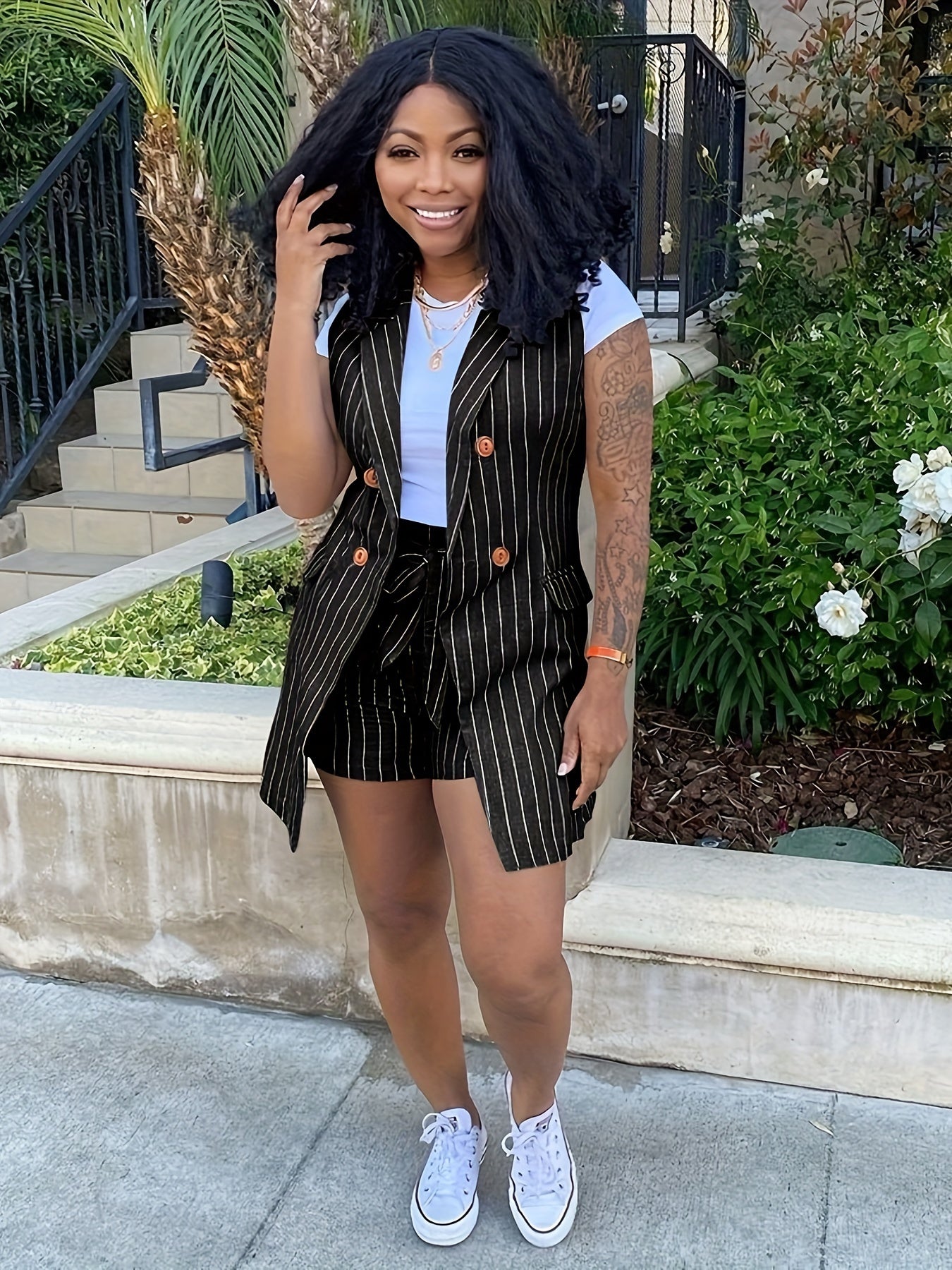 Elegant Striped Print Two Pieces, Double-Breasted Lapel Collar Sleeve Vest & Paper Bag Waist Belted Shorts Outfits, Women&