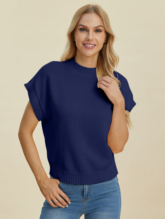 Double Take Full Size Mock Neck Short Sleeve Sweater - MyEmpired