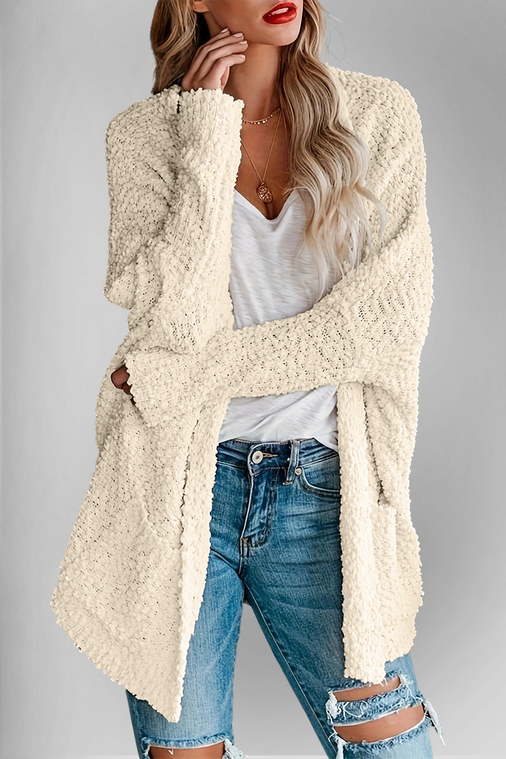 Double Take Pocketed Open Front Long Sleeve Cardigan - MyEmpired