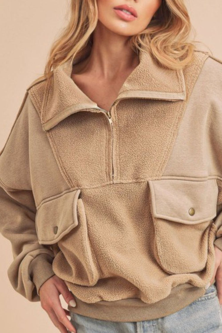 Aemi + Co Exposed Seam Half Zip Sweatshirt with Pockets - MyEmpired