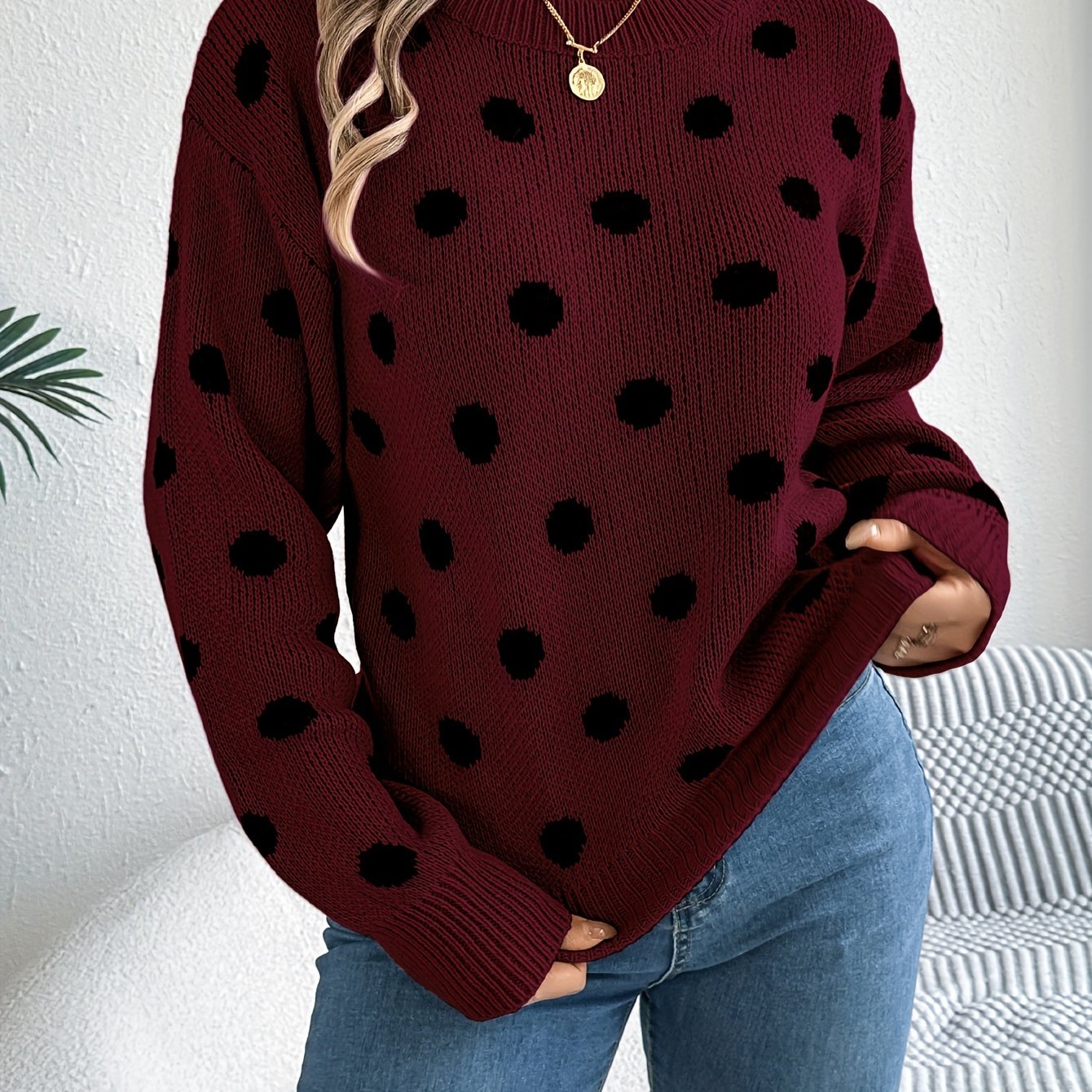 Women's Autumn Winter Knit Long Sleeve Crew Neck Sweater With Dot Pattern, Soft Acrylic Fabric, Elegant Casual Wear