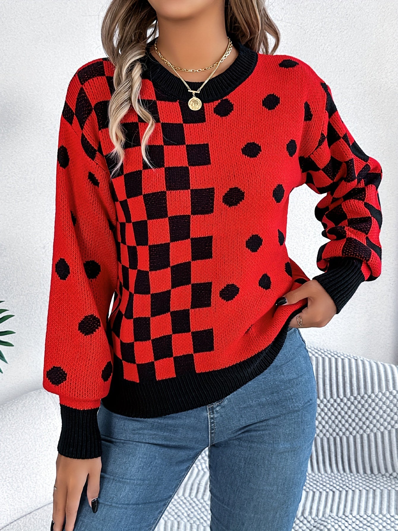 Plaid & Dot Pattern Crew Neck Sweater, Versatile Contrast Trim Lantern Sleeve Sweater For Fall & Winter, Women's Clothing