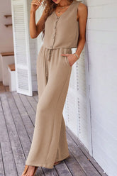 Button Down Vest and Drawstring Wide Leg Pants Set - MyEmpired