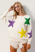 Double Take Sequin Star Round Neck Dropped Shoulder Sweater - MyEmpired