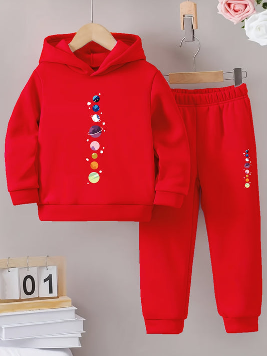 Cozy Girls' Fleece Hoodie & Joggers Set with Cartoon Planet Print - Long Sleeve, Casual Fall/Winter Outfit, Perfect for Outdoor