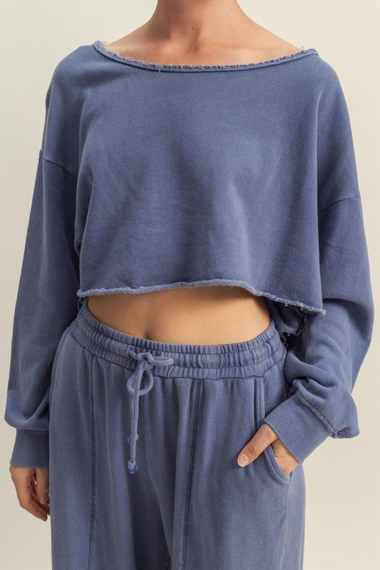 HYFVE Frayed Detail Boat Neck Long Sleeve Crop Top - MyEmpired